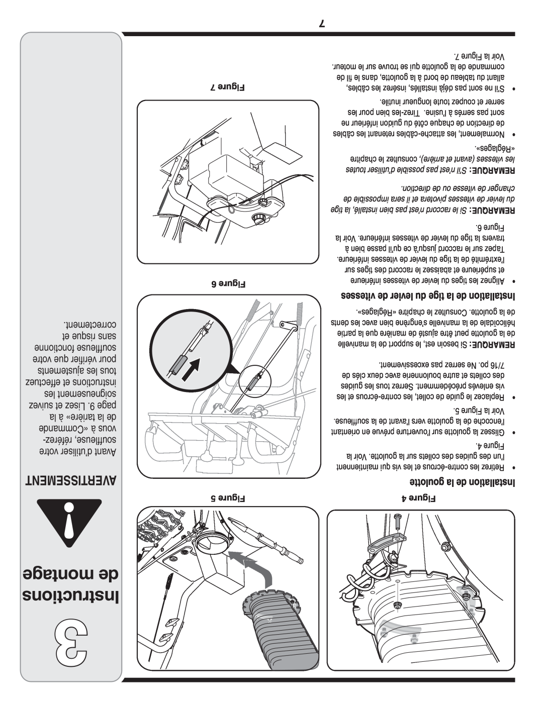 MTD 769-03342 warranty montage de Instructions, Avertissement, Figure, vitesses de levier du tige la de Installation 