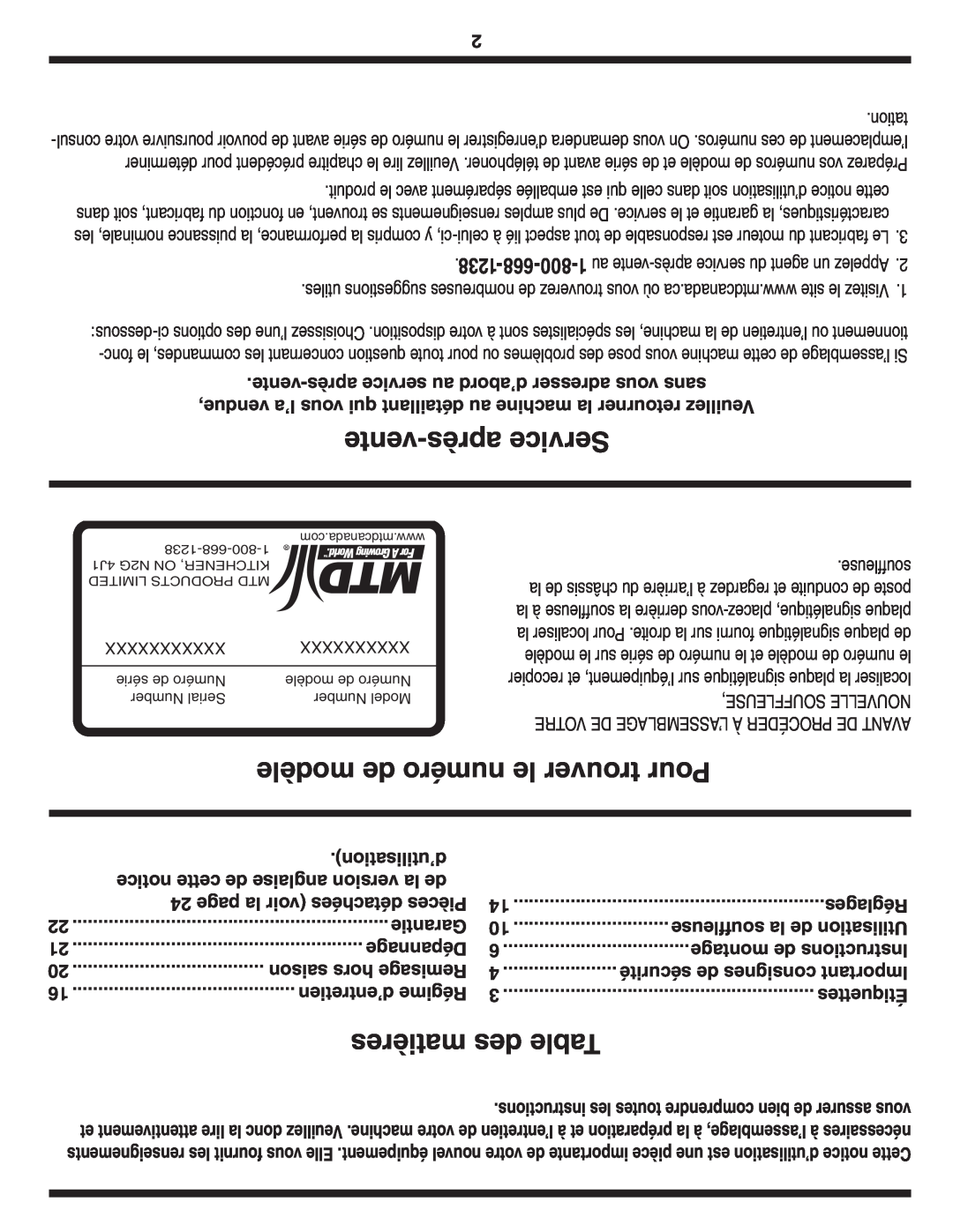 MTD 769-03342 warranty vente-après Service, modèle de numéro le trouver Pour, matières des Table 