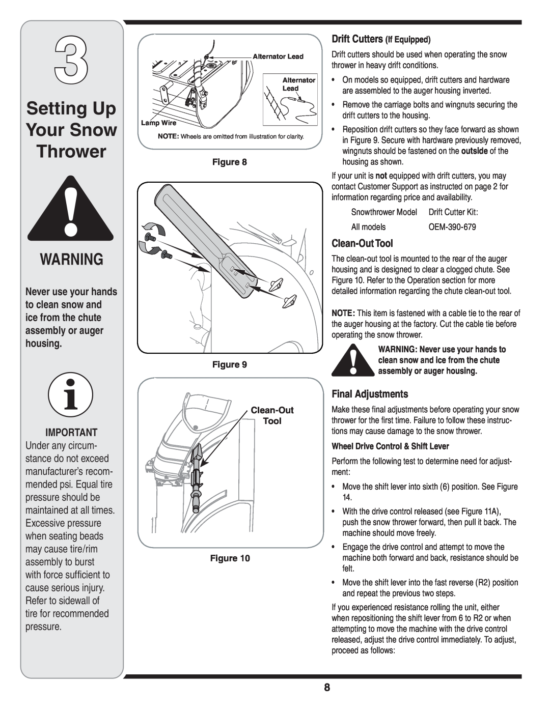 MTD 769-03342 warranty Setting Up Your Snow Thrower, thrower in heavy drift conditions, WARNING Never use your hands to 