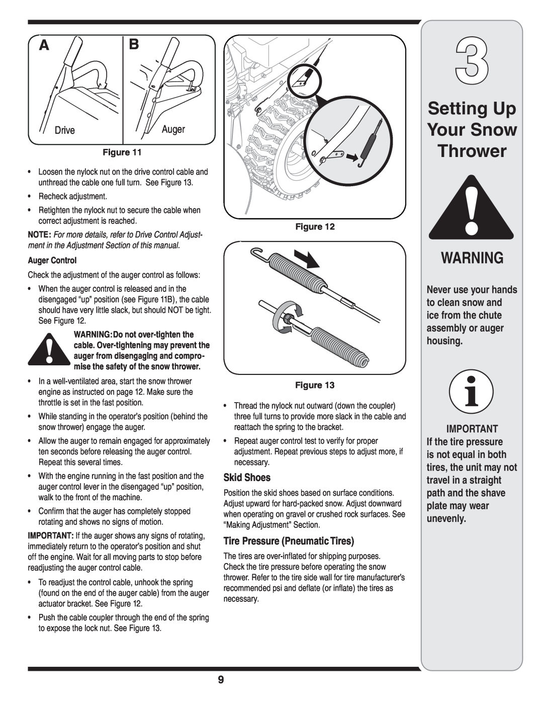 MTD 769-03342 warranty A B, Setting Up Your Snow Thrower, Skid Shoes, Tire Pressure Pneumatic Tires 