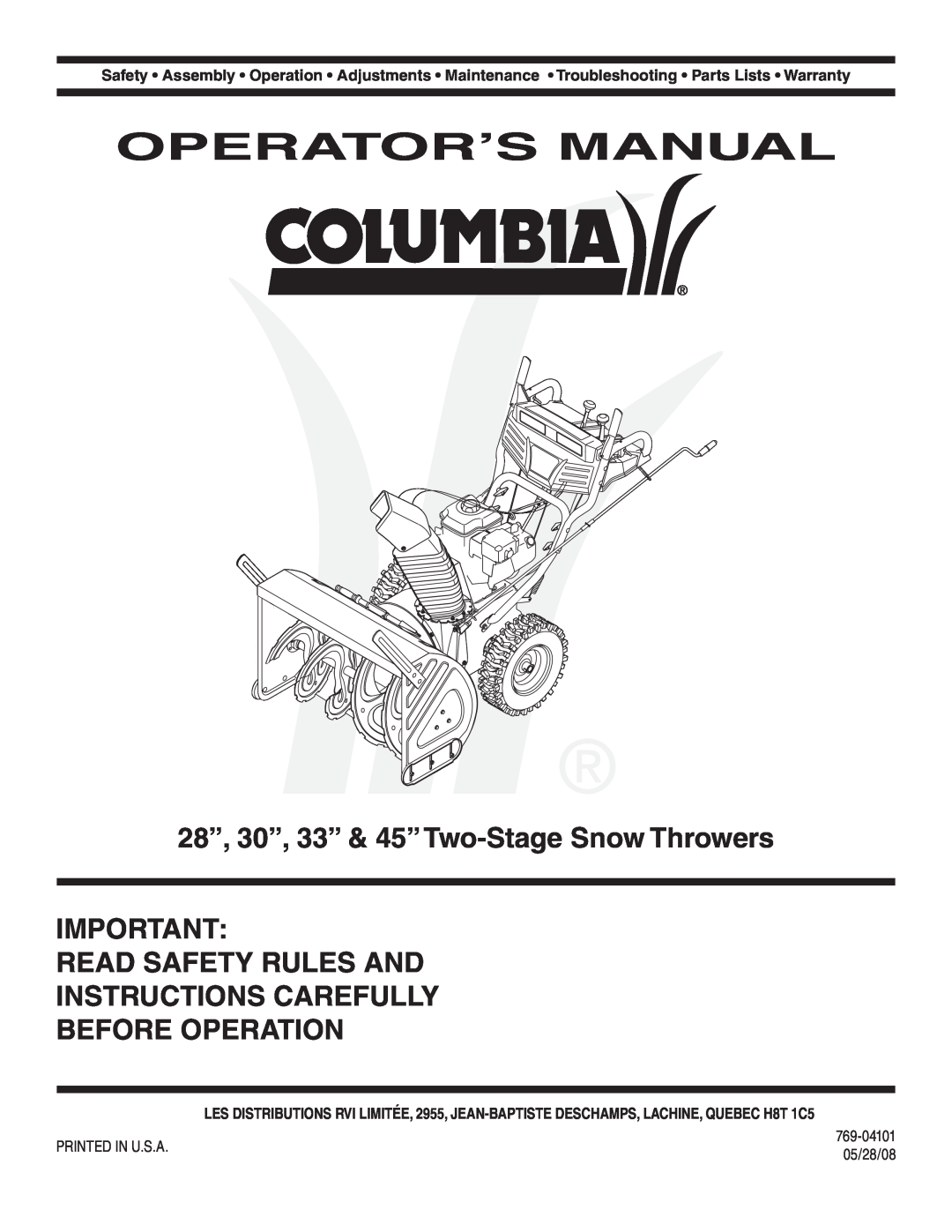 MTD 769-04101 warranty Operator’S Manual, 28”, 30”, 33” & 45”Two-Stage Snow Throwers, 05/28/08 