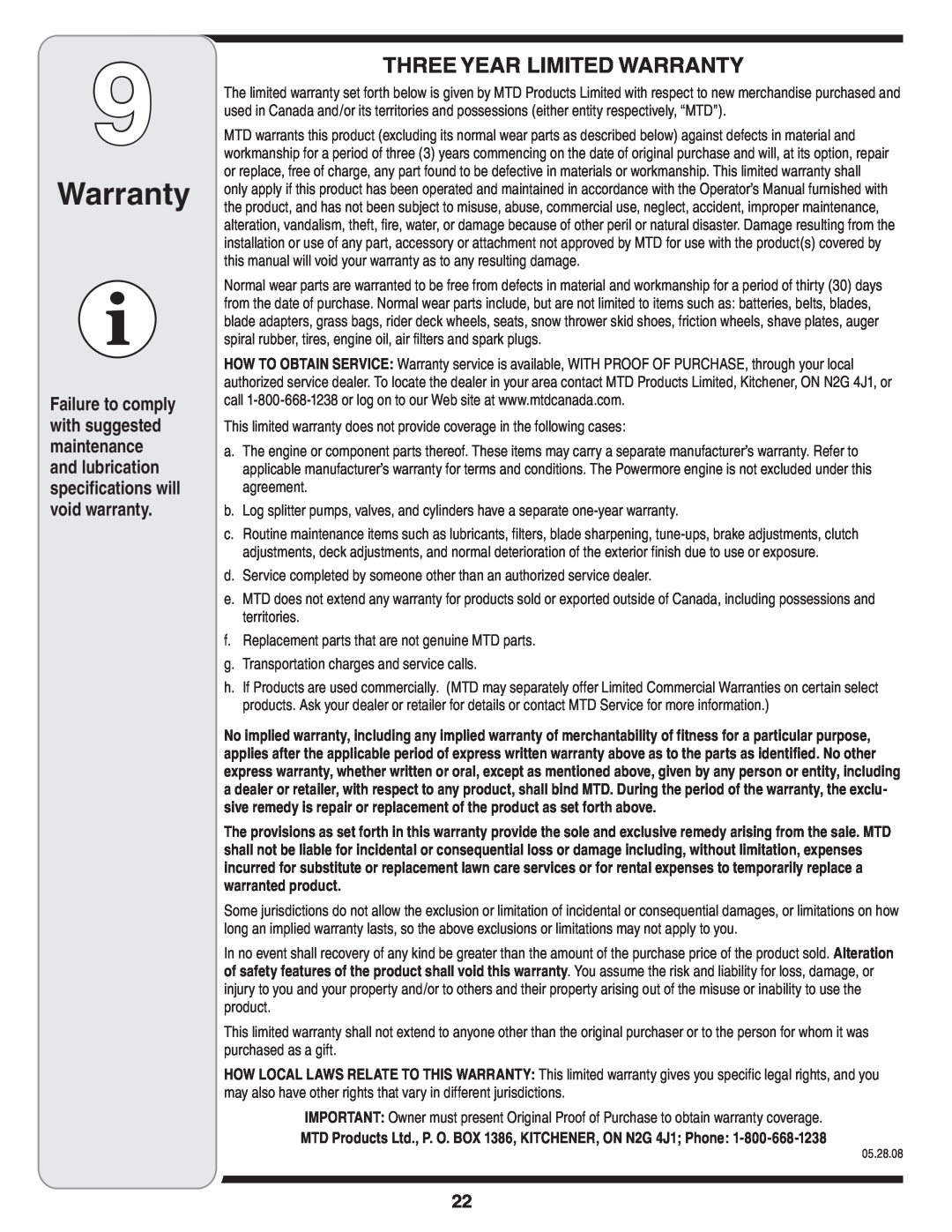 MTD 769-04101 warranty Three Year Limited Warranty 