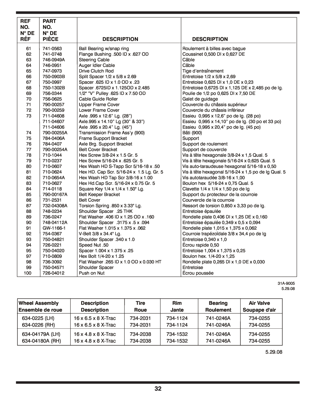 MTD 769-04101 warranty Part, N De, Pièce, Description, Wheel Assembly, Ensemble de roue, Roue, Jante, Roulement 