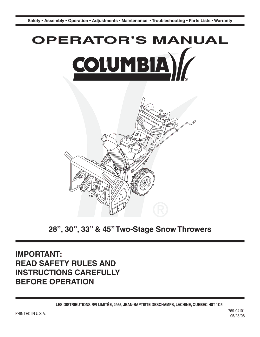 MTD 769-04101 warranty 28, 30, 33 & 45Two-Stage Snow Throwers, 05/28/08 