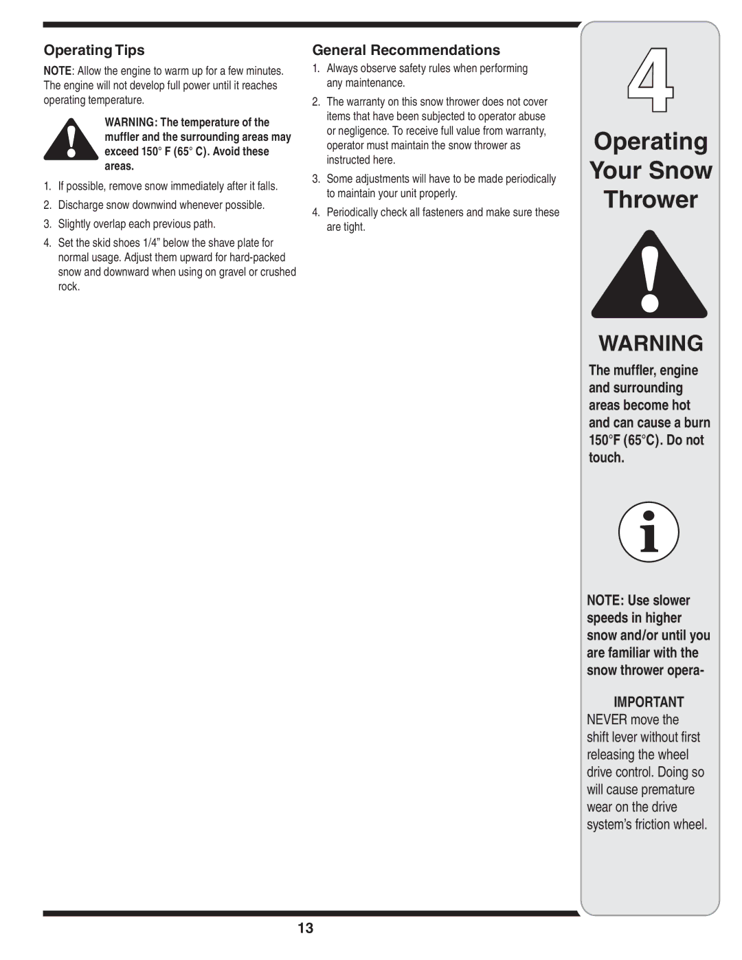 MTD 769-04101 warranty Operating Tips, General Recommendations, Always observe safety rules when performing any maintenance 