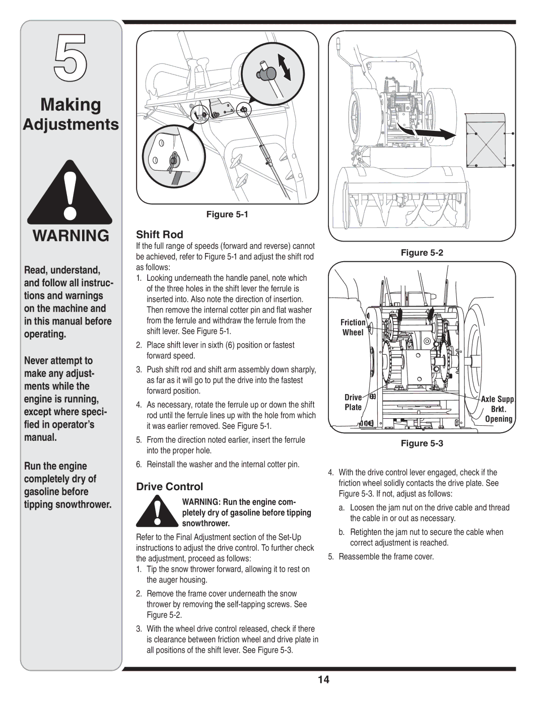 MTD 769-04101 warranty Making, Adjustments, Shift Rod, Drive Control, Reassemble the frame cover 