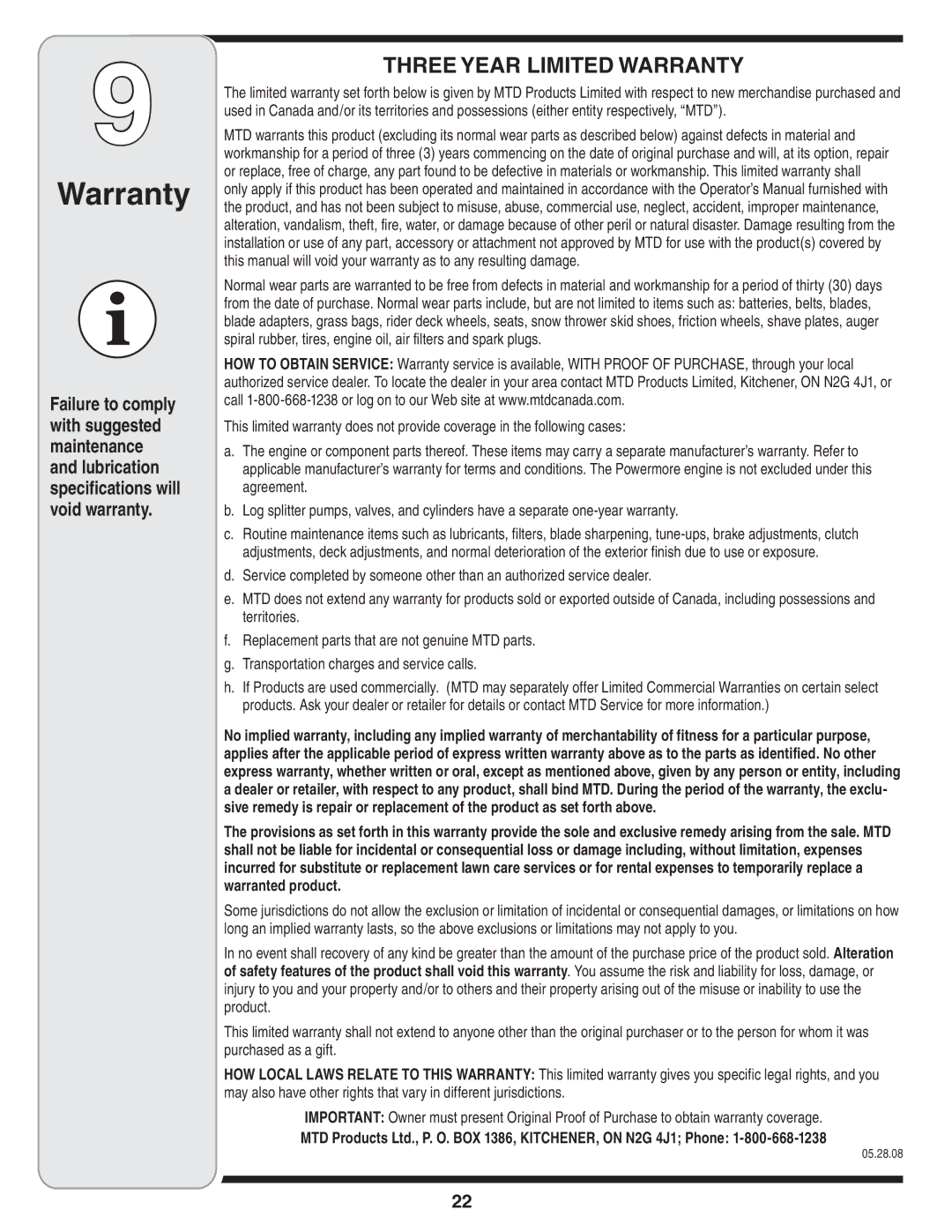 MTD 769-04101 warranty Warranty, 05.28.08 