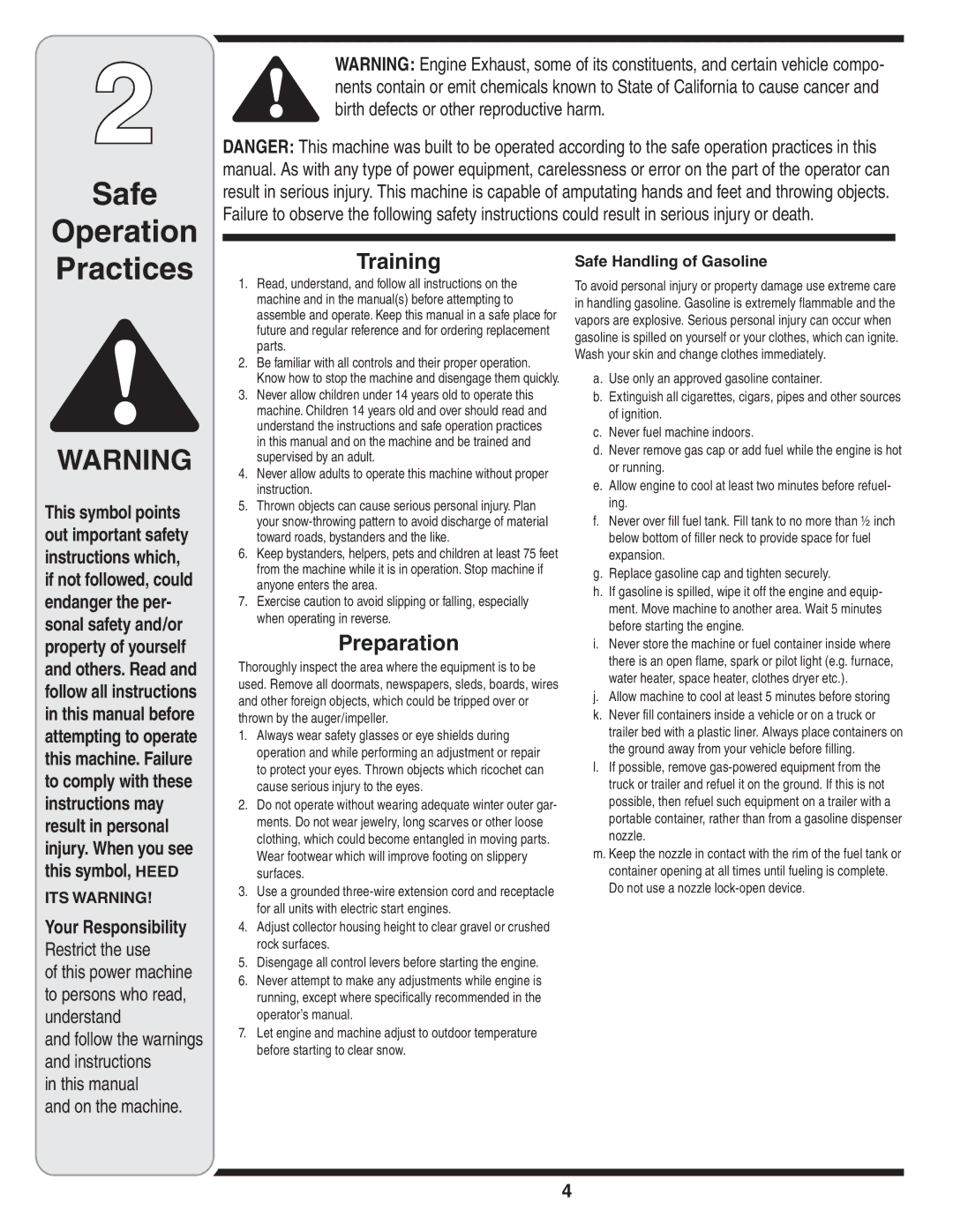 MTD 769-04101 warranty Safe Operation Practices, Training, Preparation, Your Responsibility, Safe Handling of Gasoline 