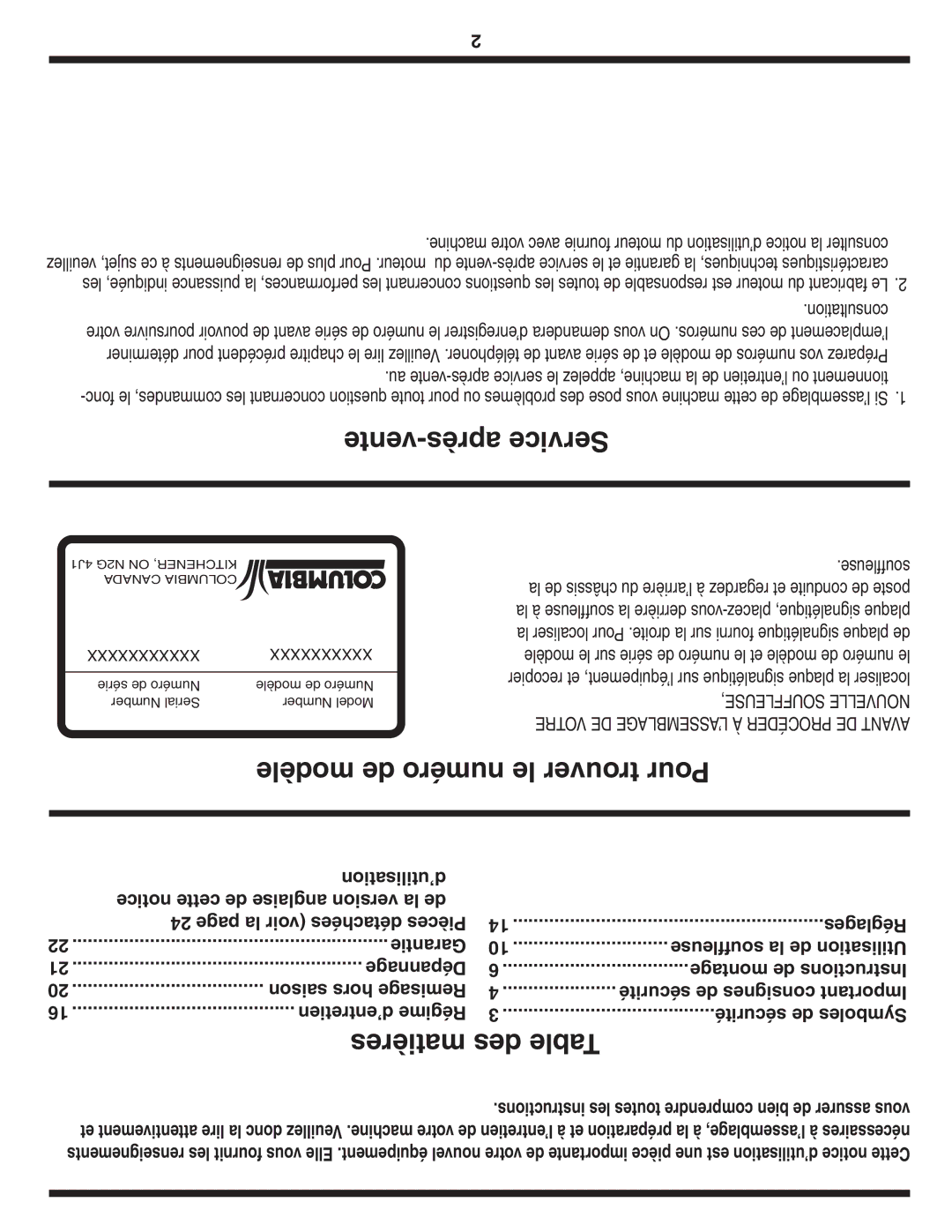 MTD 769-04101 warranty Vente-après Service, Modèle de numéro le trouver Pour, Matières des Table, * .+4#% $!.#! !-#/,5 