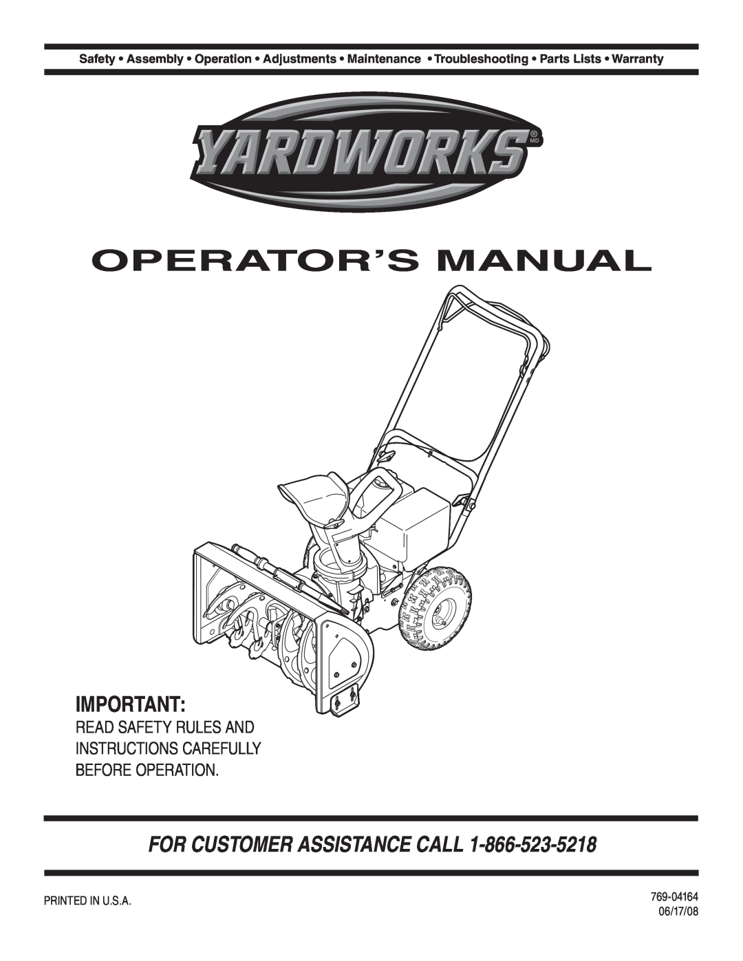 MTD 769-04164 warranty Operator’S Manual, For Customer Assistance Call 