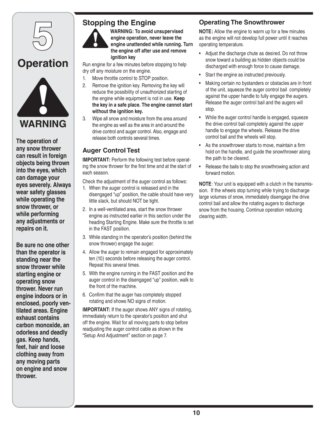 MTD 769-04164 warranty Stopping the Engine, Auger Control Test, Operating The Snowthrower 