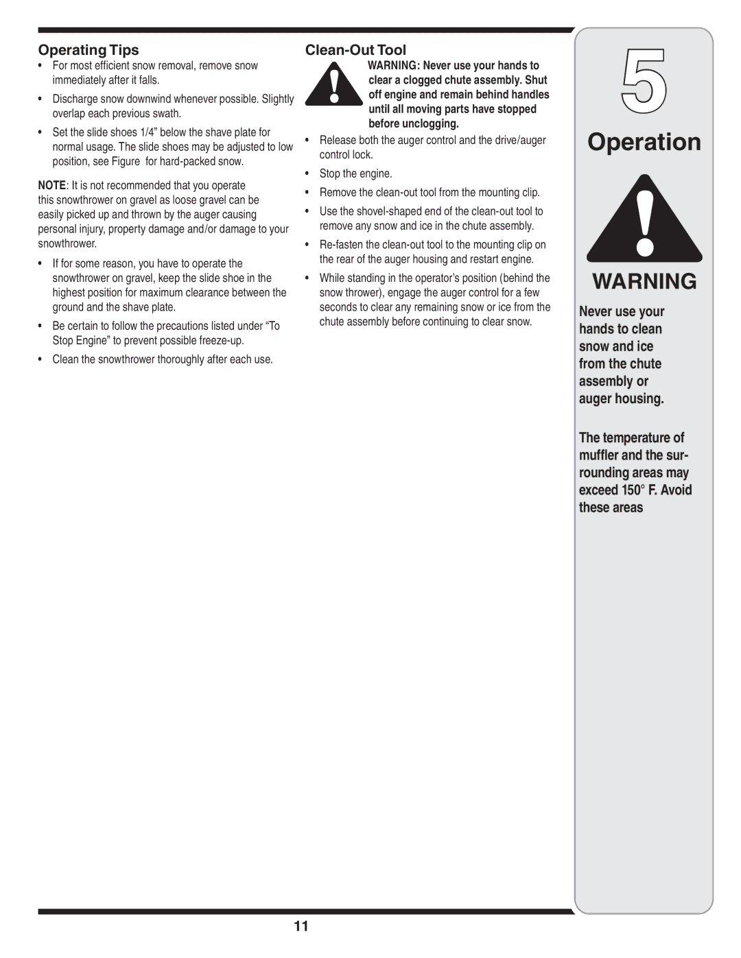 MTD 769-04164 warranty Operating Tips, Clean-Out Tool, Stop Engine to prevent possible freeze-up 