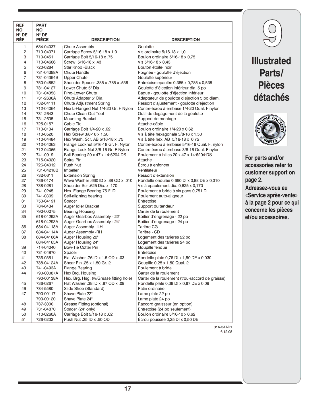 MTD 769-04164 warranty Adressez-vous au «Service après-vente», Part RÉF Pièce Description 