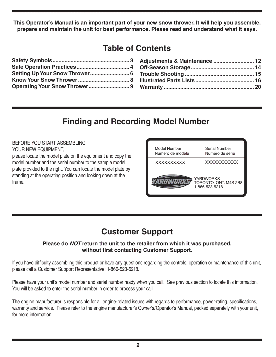 MTD 769-04164 warranty Table of Contents 