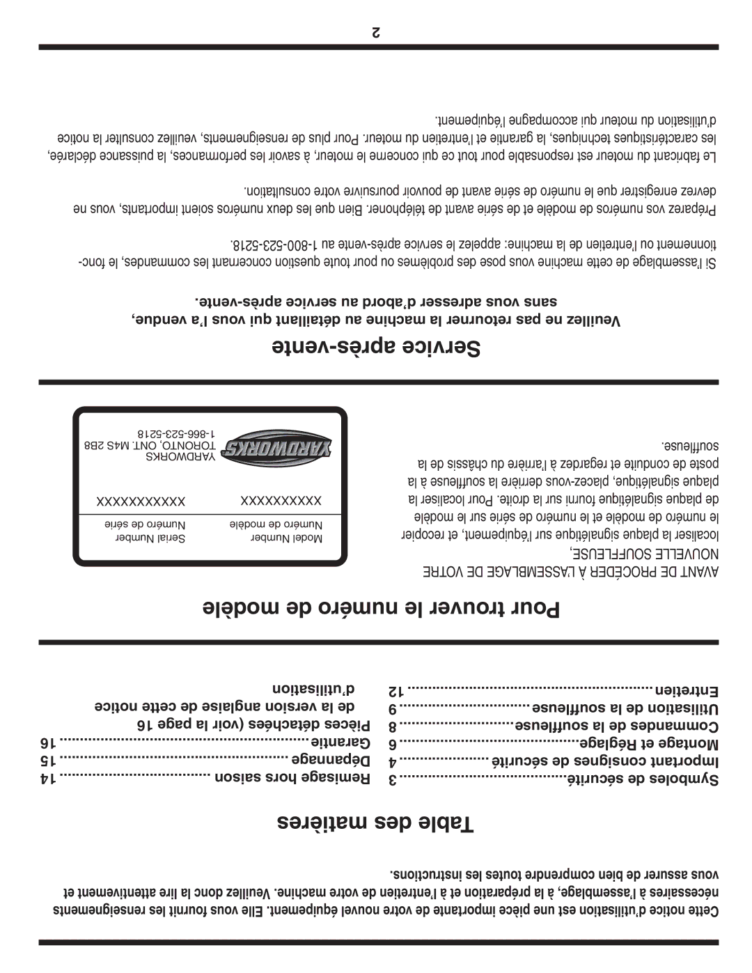 MTD 769-04164 5218-523-866-1 2B8 M4S .ONT TORONTO, Yardworks, Série de Numéro Modèle de Numéro Number Serial Number Model 