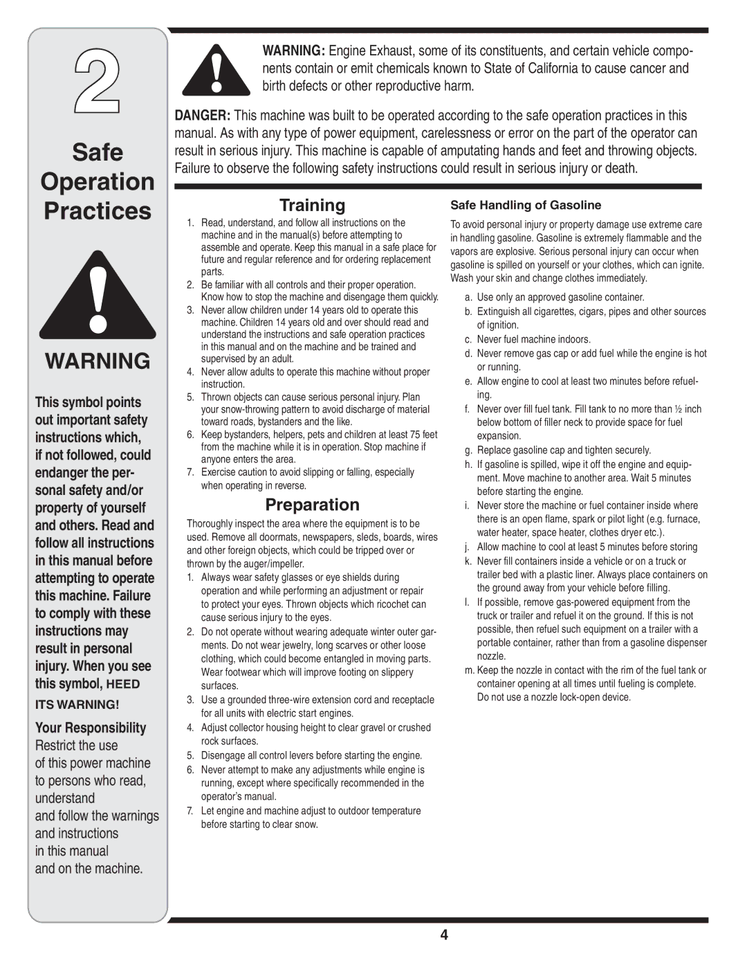 MTD 769-04164 warranty Safe Operation Practices, Training, Preparation, Your Responsibility, Safe Handling of Gasoline 