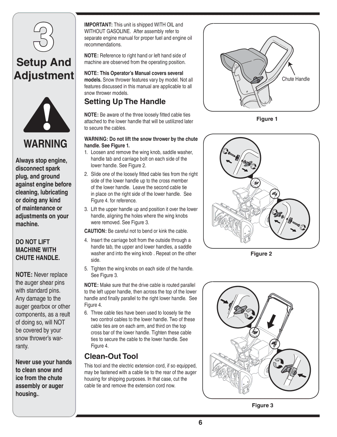 MTD 769-04164 warranty Setting Up The Handle, Clean-Out Tool, Chute Handle 