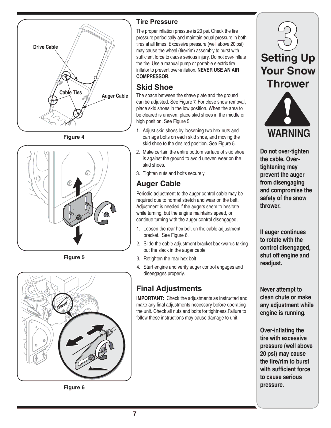 MTD 769-04164 warranty Setting Up Your Snow Thrower, Skid Shoe, Auger Cable, Final Adjustments, Tire Pressure 