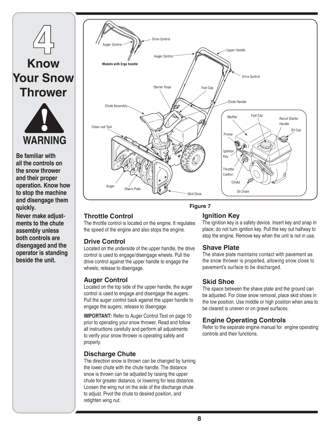 MTD 769-04164 Throttle Control, Drive Control, Ignition Key, Shave Plate, Auger Control, Skid Shoe, Discharge Chute 