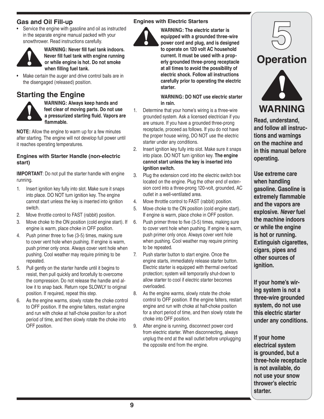 MTD 769-04164 warranty Starting the Engine, Gas and Oil Fill-up, Engines with Starter Handle non-electric start 