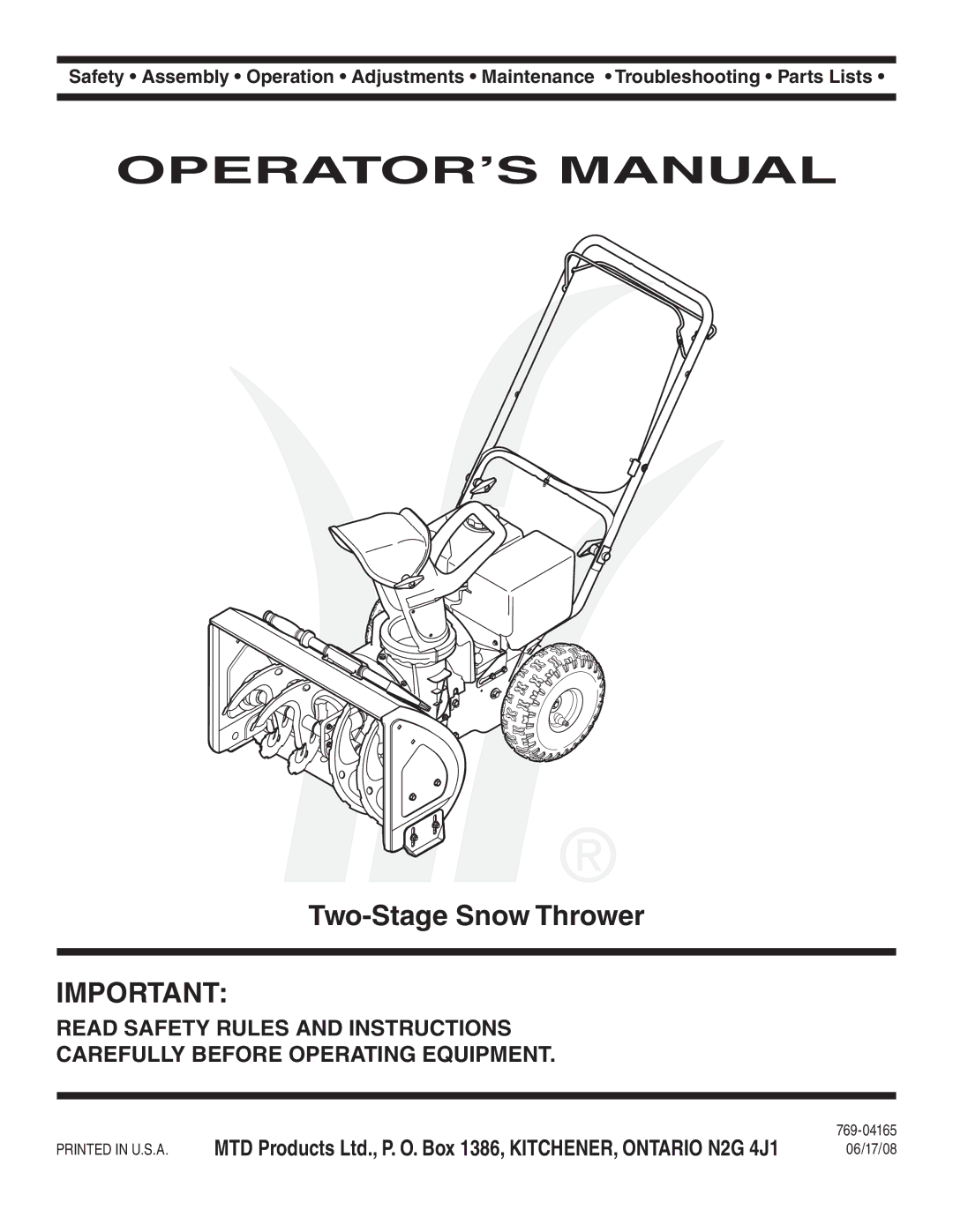 MTD 769-04165 manual OPERATOR’S Manual 