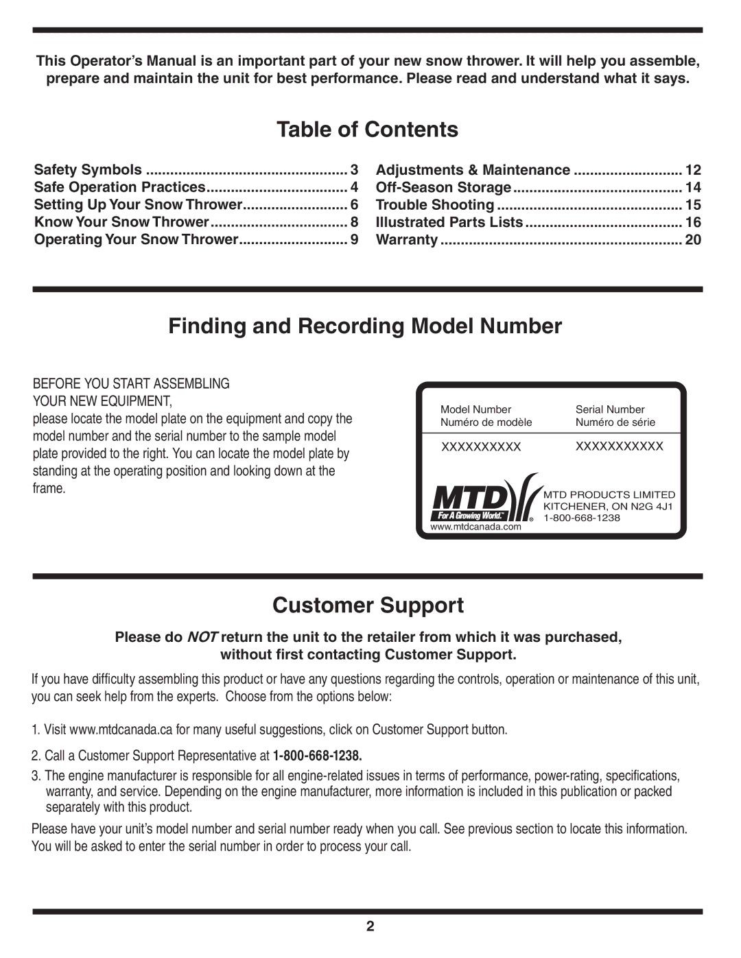 MTD 769-04165 manual Table of Contents 