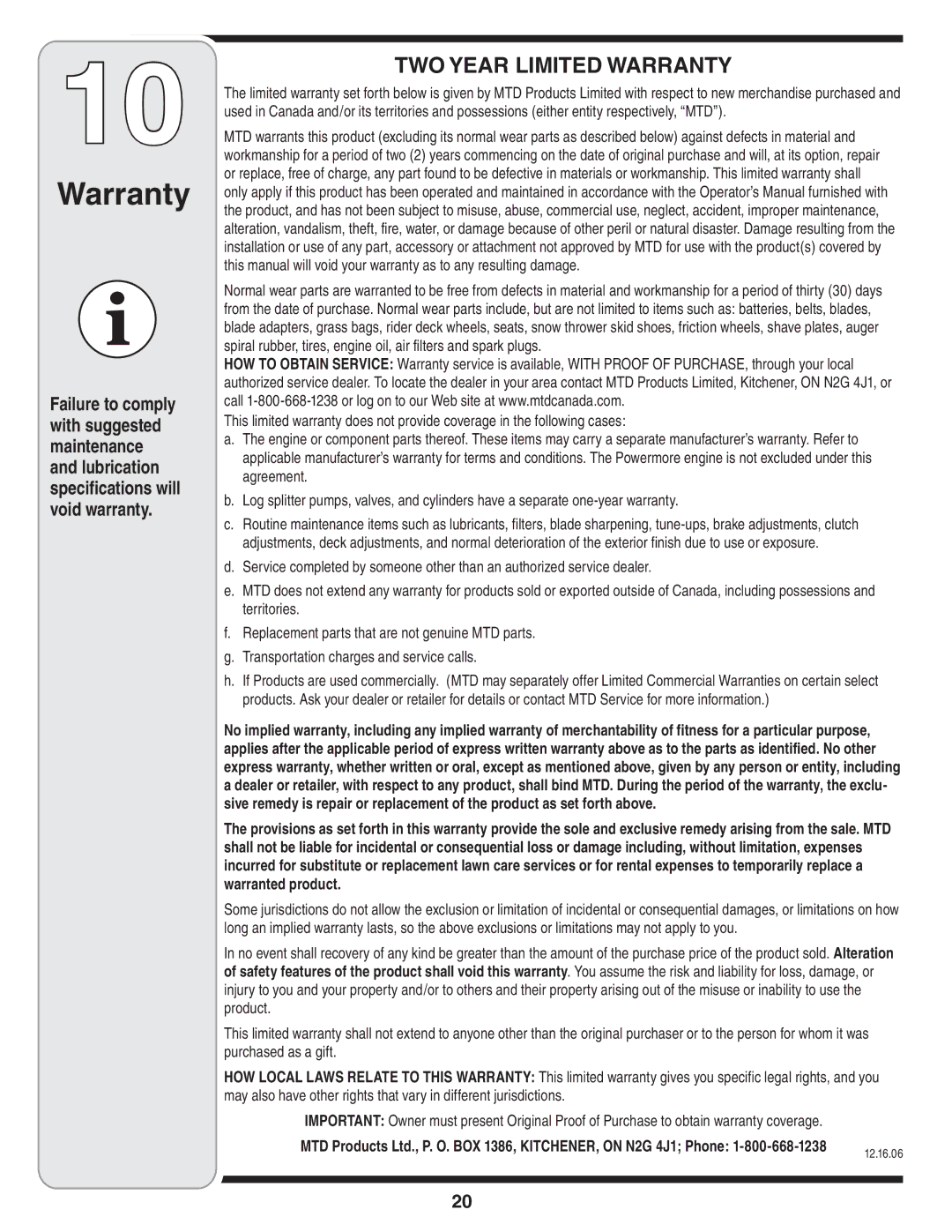 MTD 769-04165 manual TWO Year Limited Warranty 