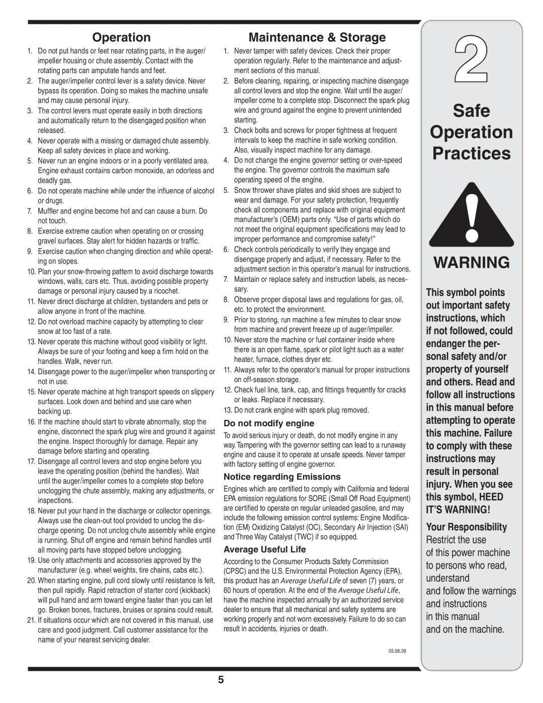 MTD 769-04165 manual Operation, Maintenance & Storage, Do not modify engine, Average Useful Life 