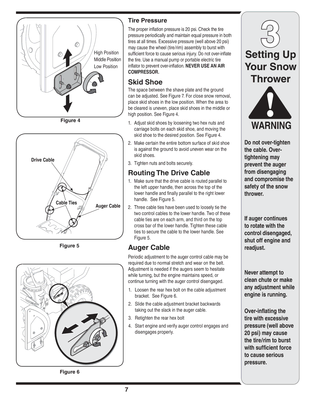 MTD 769-04165 manual Setting Up Your Snow Thrower, Skid Shoe, Routing The Drive Cable, Auger Cable, Tire Pressure 