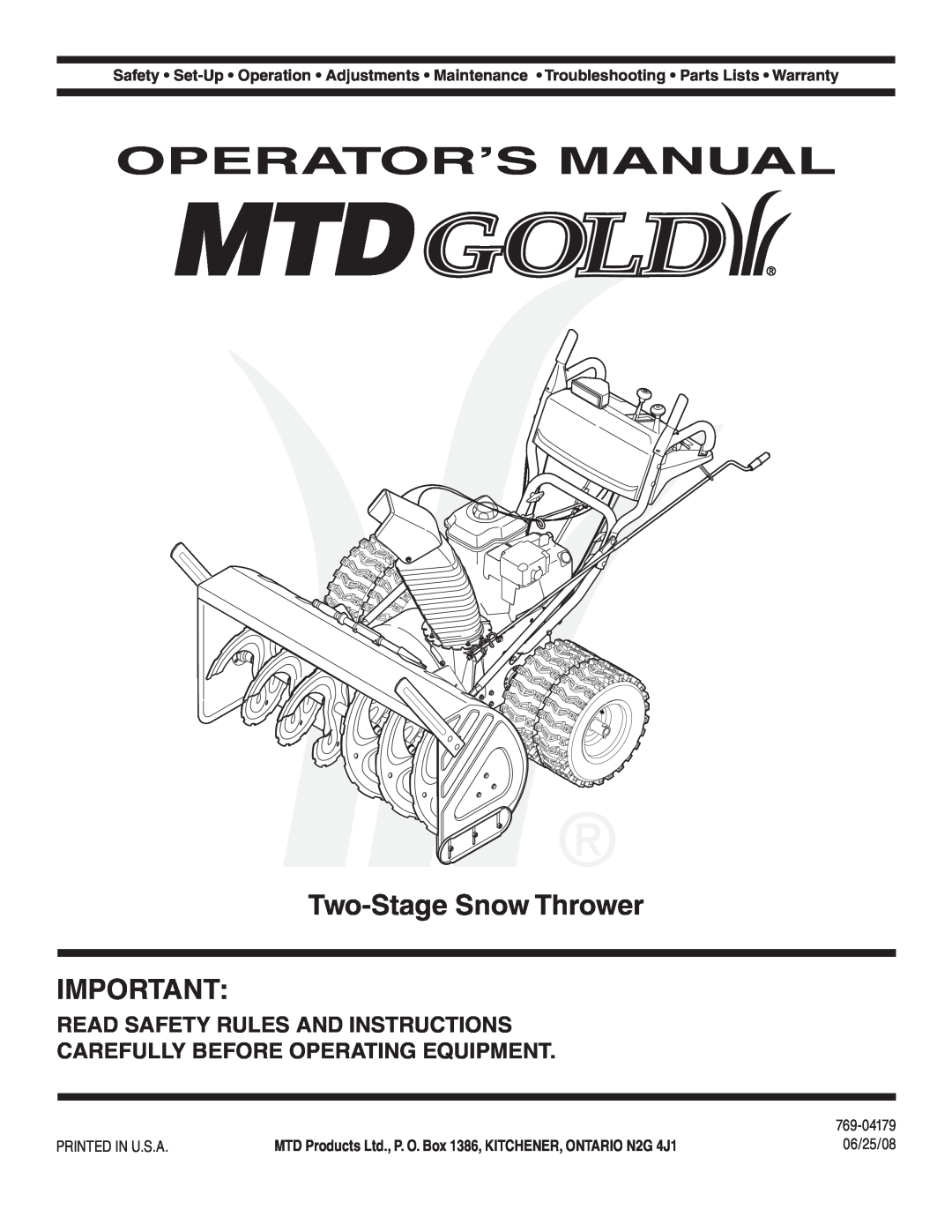 MTD 769-04179 warranty Operator’S Manual, Two-Stage Snow Thrower, Read Safety Rules And Instructions 
