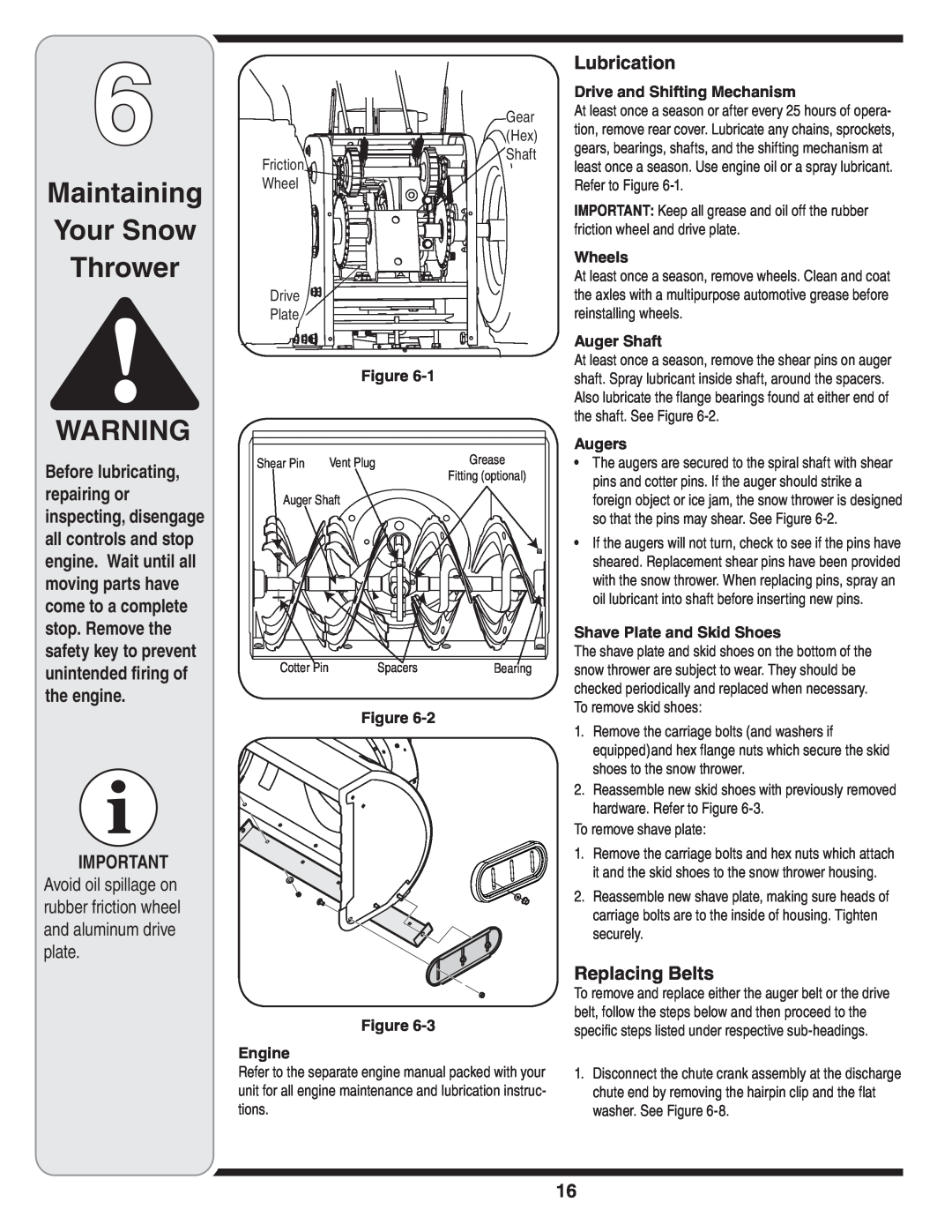 MTD 769-04179 Maintaining Your Snow Thrower, Lubrication, Replacing Belts, Drive and Shifting Mechanism, Engine, Wheels 