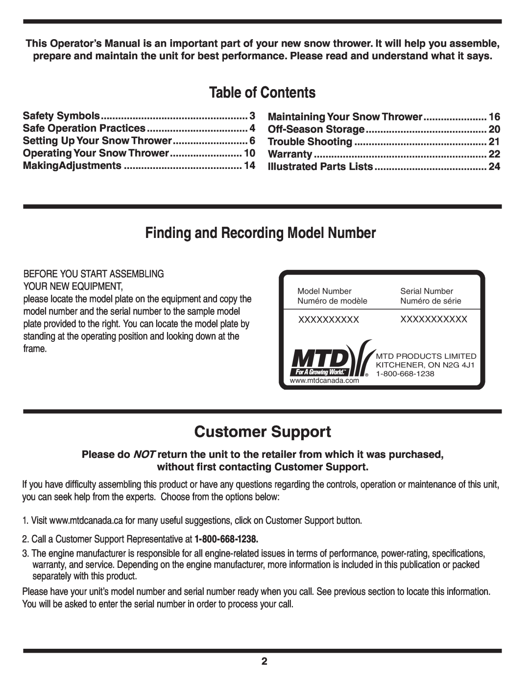 MTD 769-04179 Table of Contents, Finding and Recording Model Number, Customer Support, Safety Symbols, Off-Season Storage 