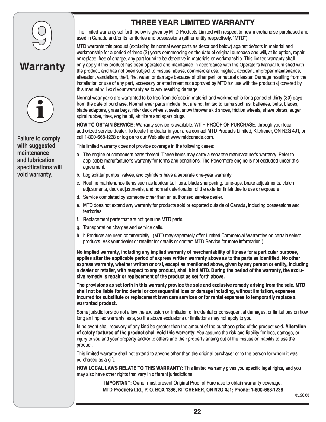 MTD 769-04179 warranty Three Year Limited Warranty 
