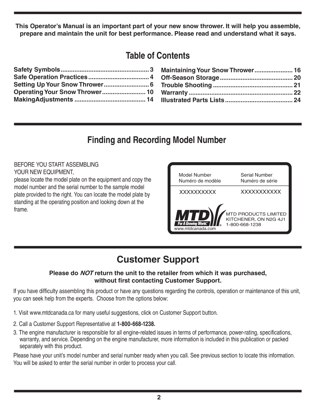 MTD 769-04179 warranty Table of Contents, Finding and Recording Model Number, Customer Support 