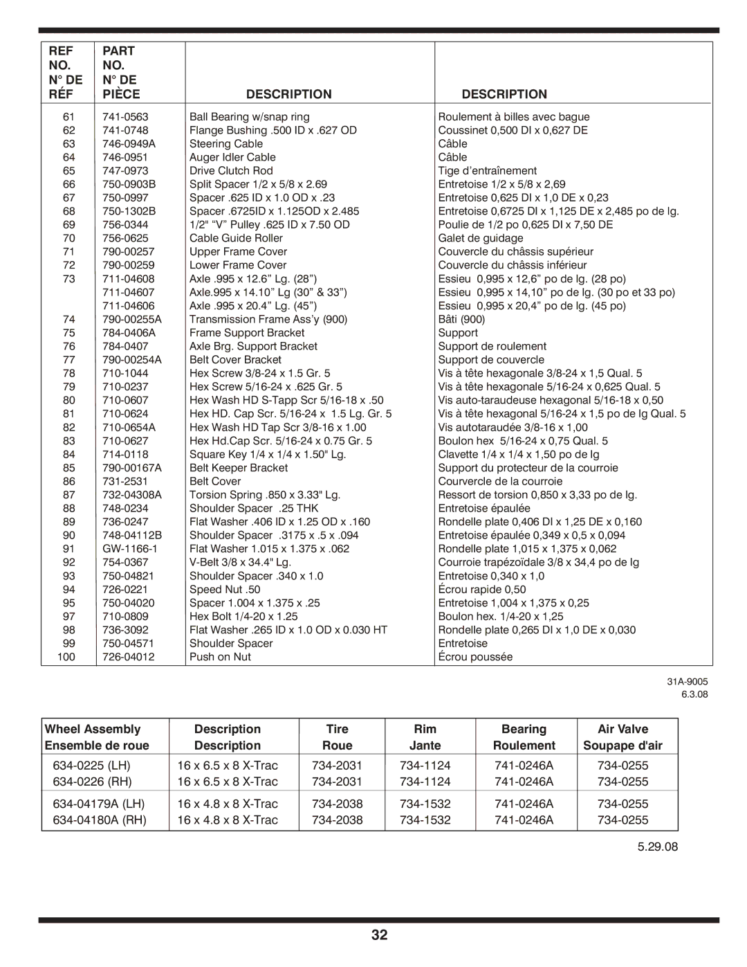 MTD 769-04179 warranty Part RÉF Pièce Description 