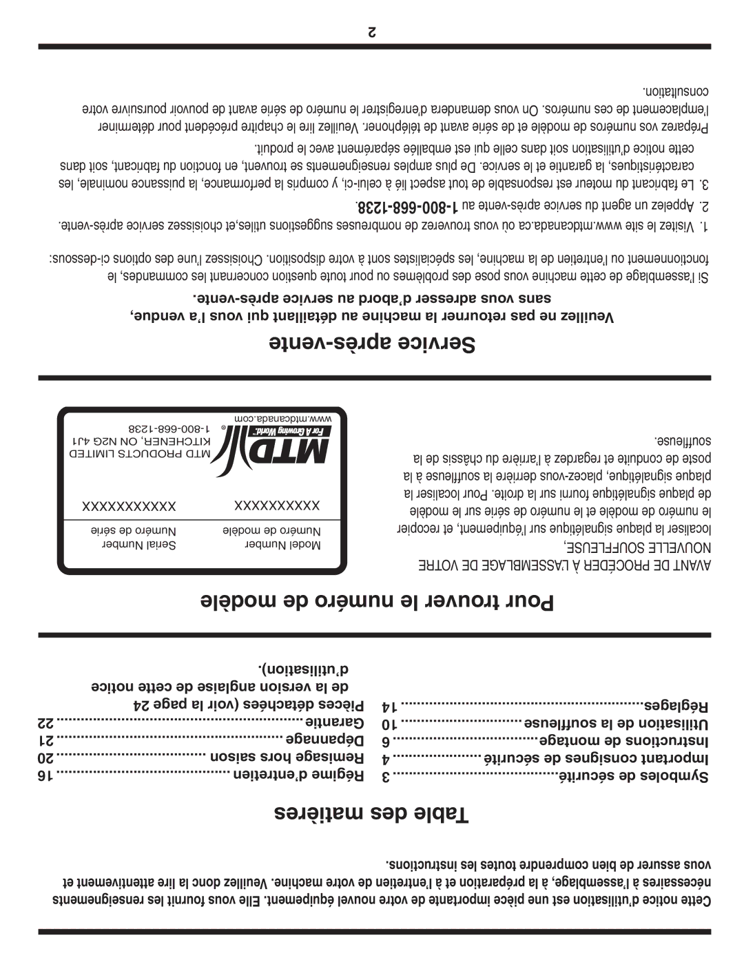 MTD 769-04179 warranty Vente-après Service, Modèle de numéro le trouver Pour, Matières des Table, 1238-668-800-1 