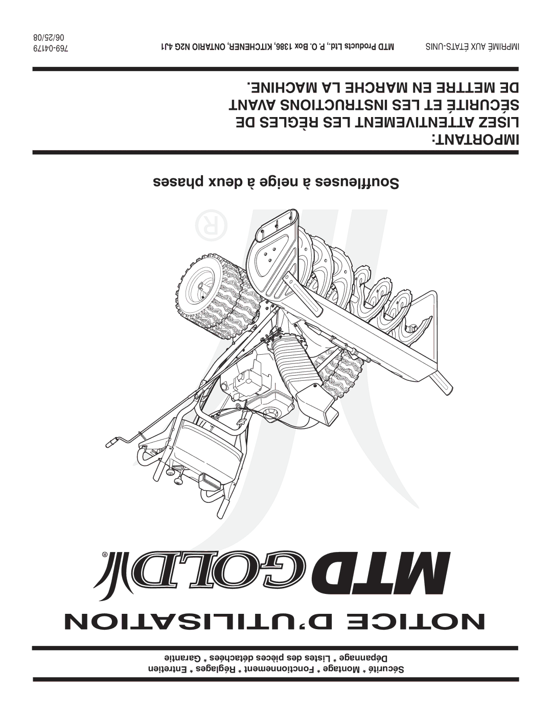 MTD 769-04179 warranty ’UTILISATION Notice, 04179-769 