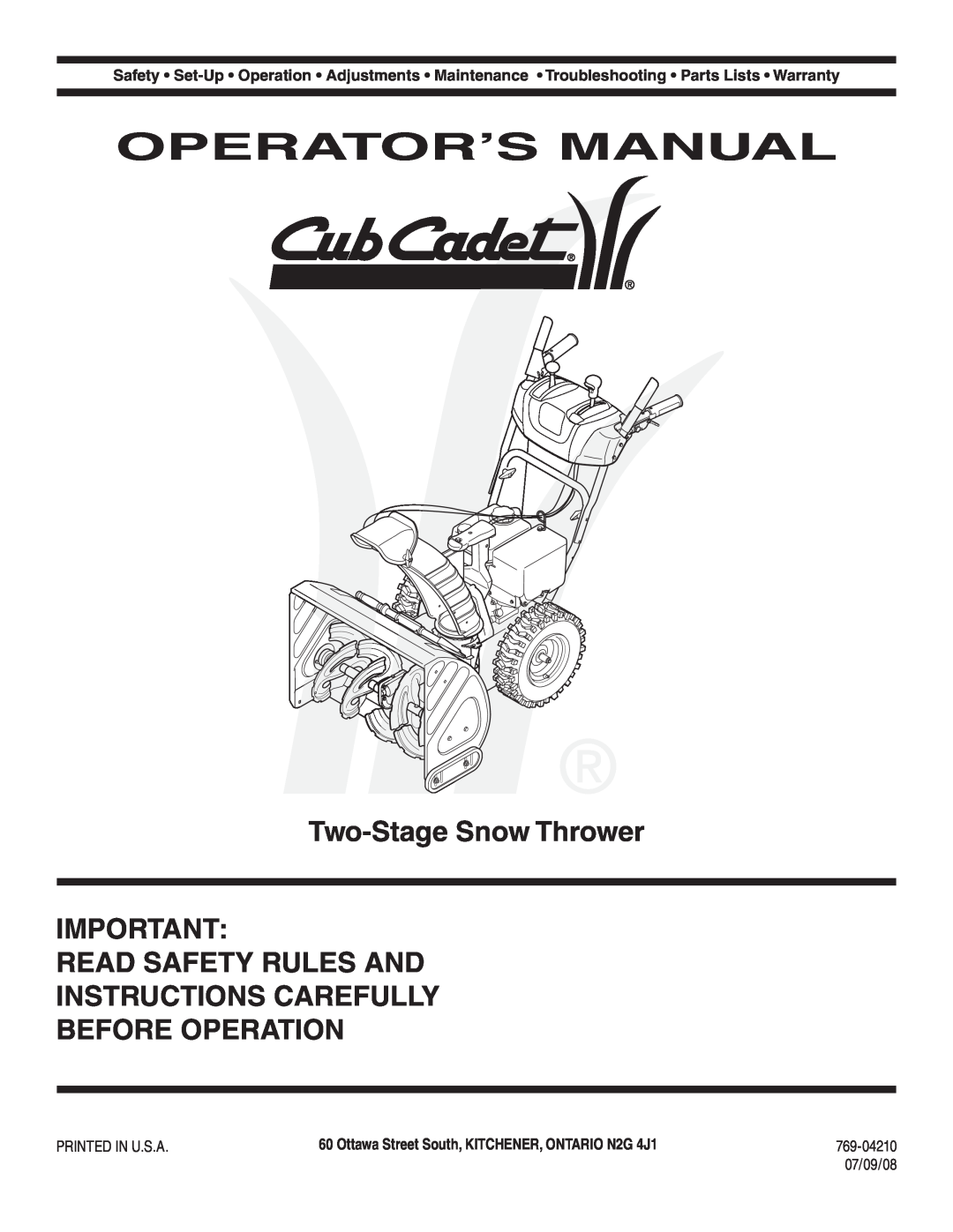 MTD 769-04210 warranty Operator’S Manual, Two-Stage Snow Thrower, Ottawa Street South, KITCHENER, ONTARIO N2G 4J1 