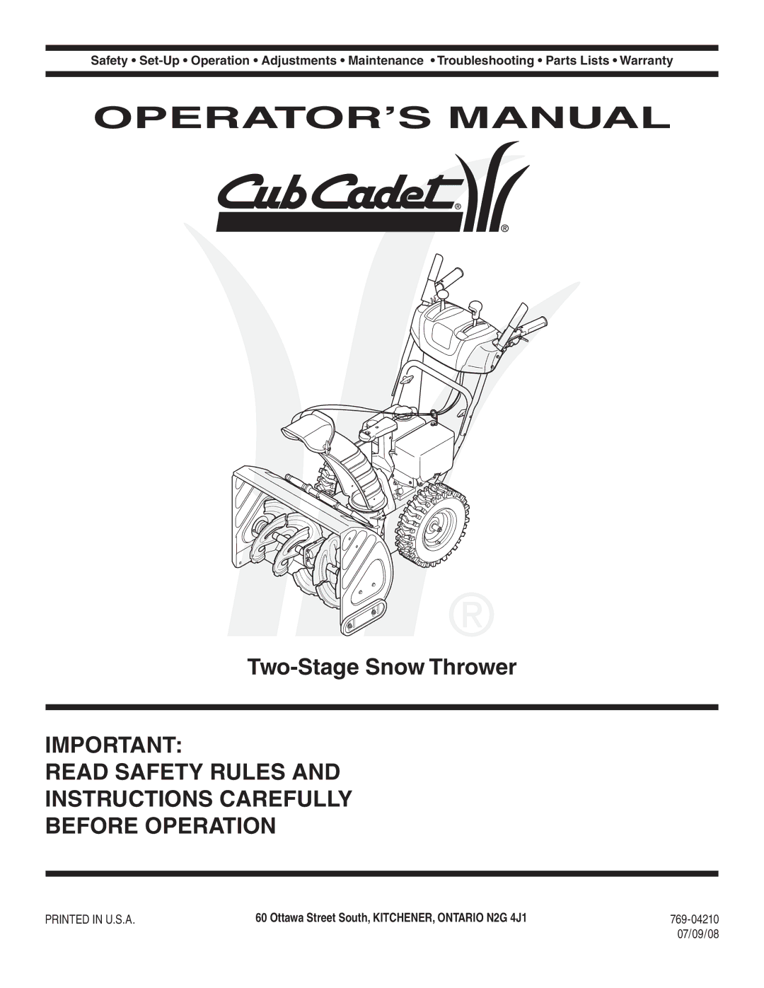 MTD 769-04210 warranty Two-Stage Snow Thrower, Ottawa Street South, KITCHENER, Ontario N2G 4J1, 07/09/08 