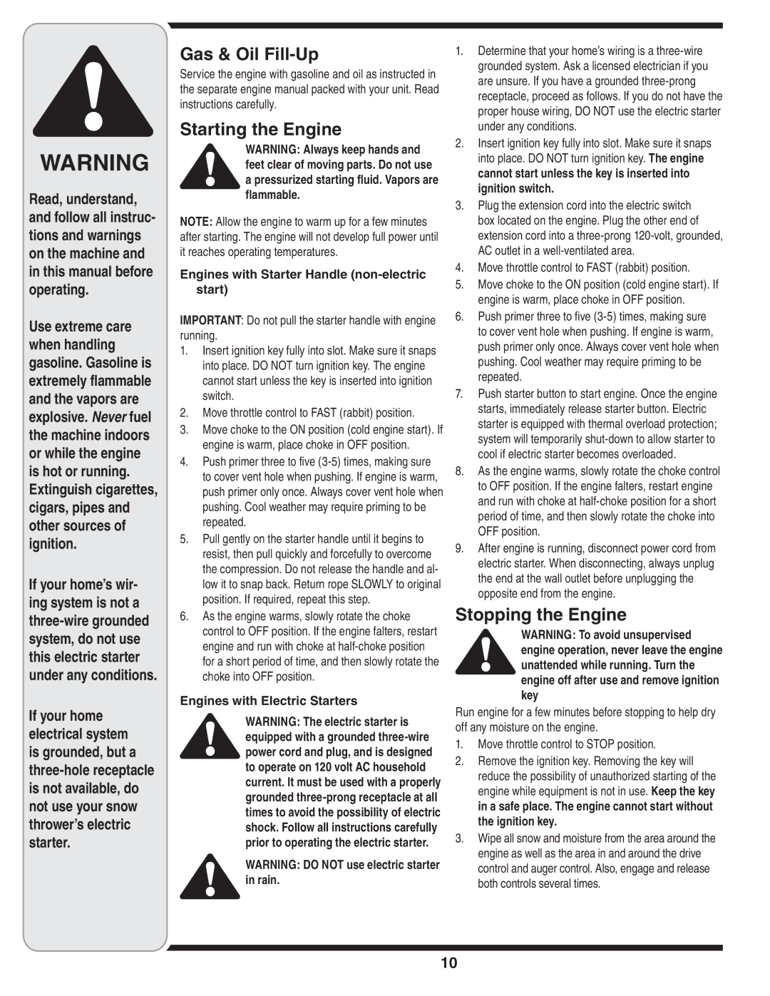 MTD 769-04210 Gas & Oil Fill-Up, Starting the Engine, Stopping the Engine, Engines with Starter Handle non-electric start 