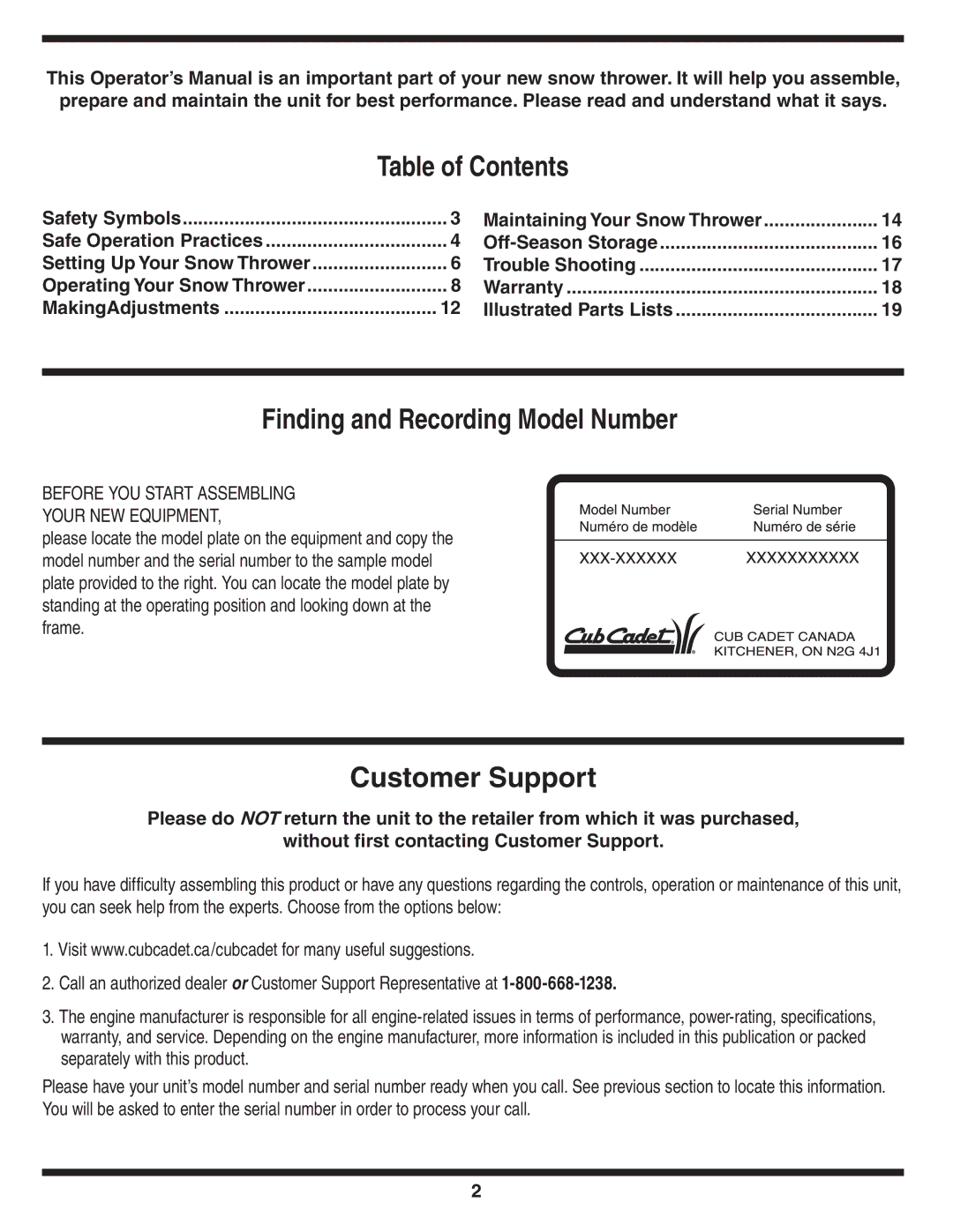 MTD 769-04210 warranty Table of Contents, Finding and Recording Model Number, Customer Support 