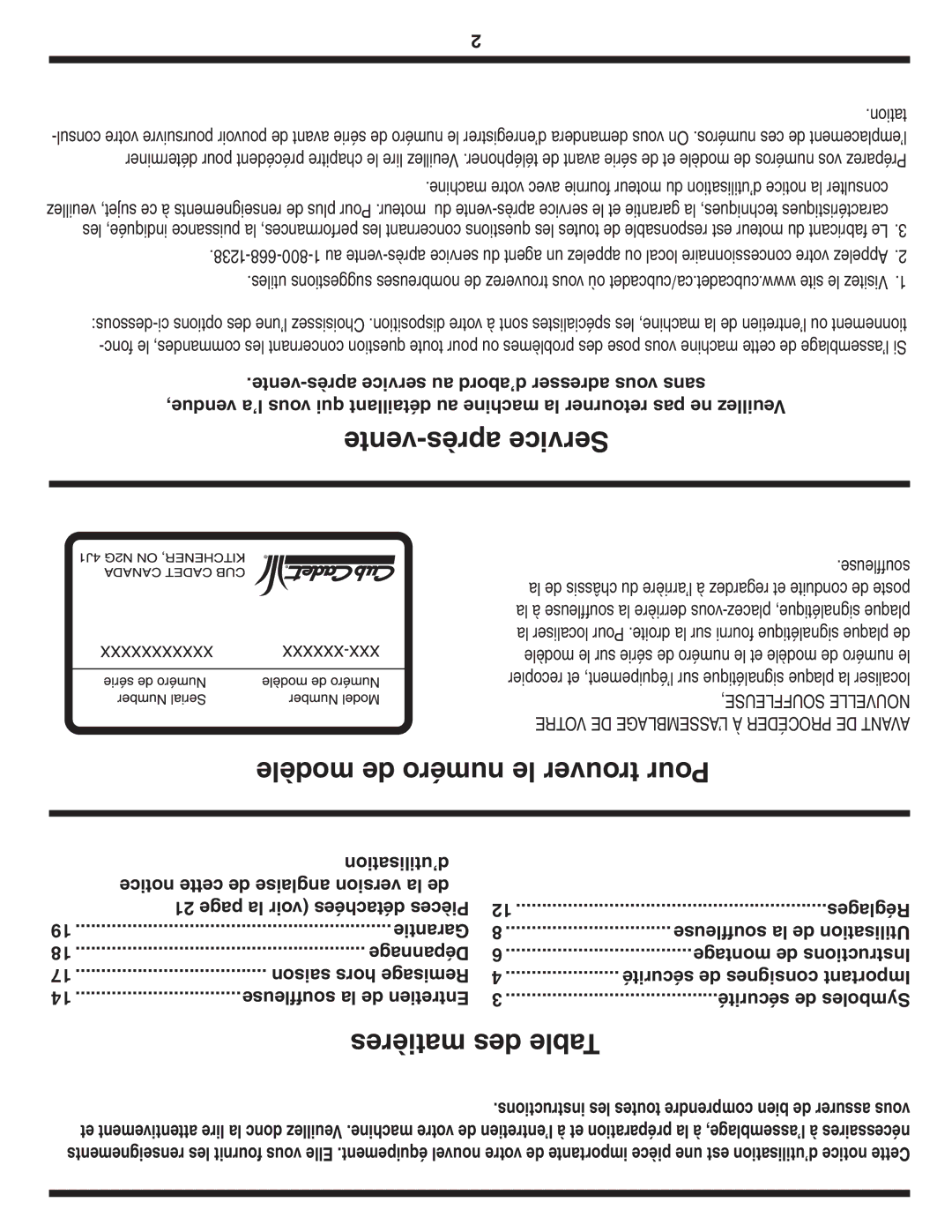 MTD 769-04210 warranty Vente-après Service, Modèle de numéro le trouver Pour, Matières des Table, Réglages 