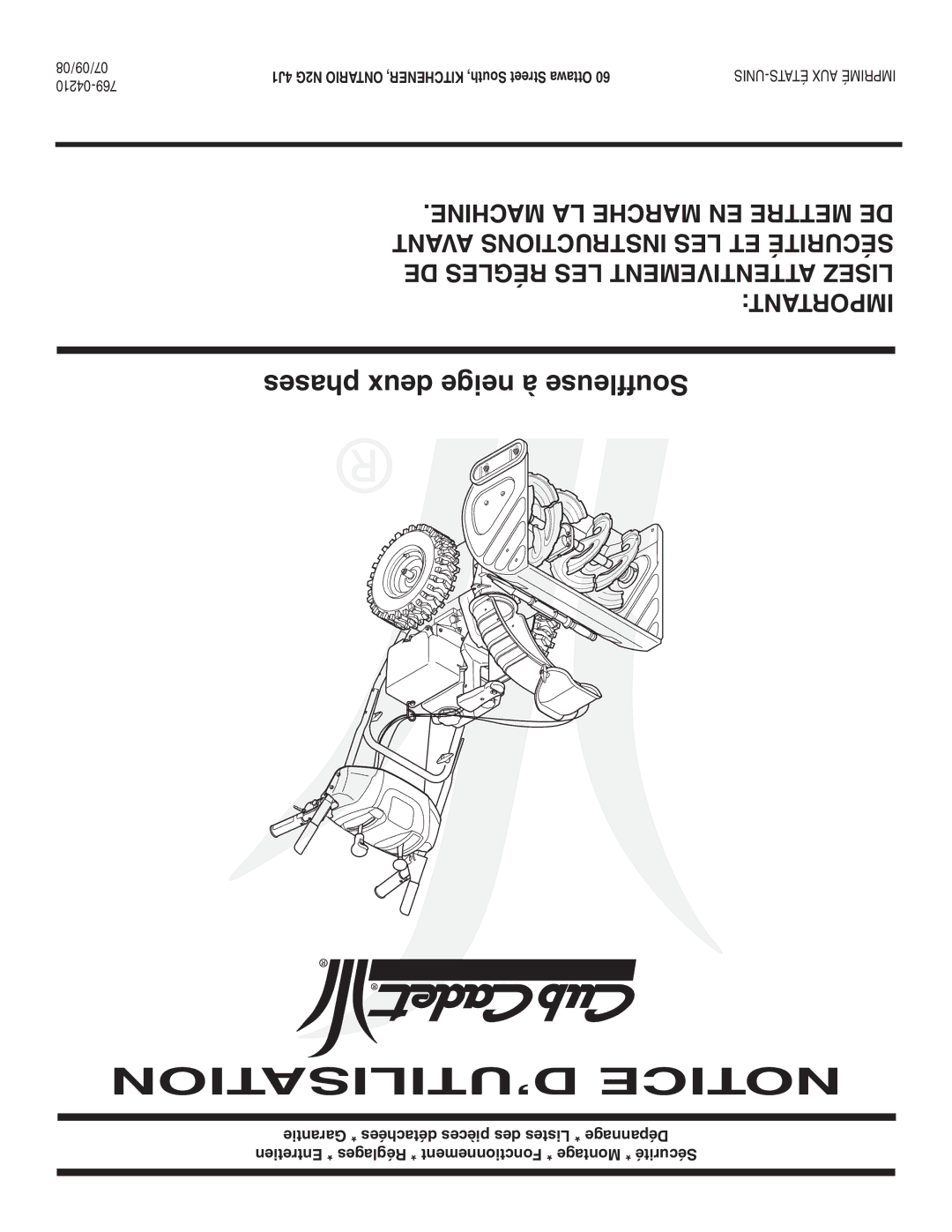 MTD 769-04210 warranty Phases deux neige à Souffleuse, 4J1 N2G Ontario KITCHENER, South, Street Ottawa, 04210-769 