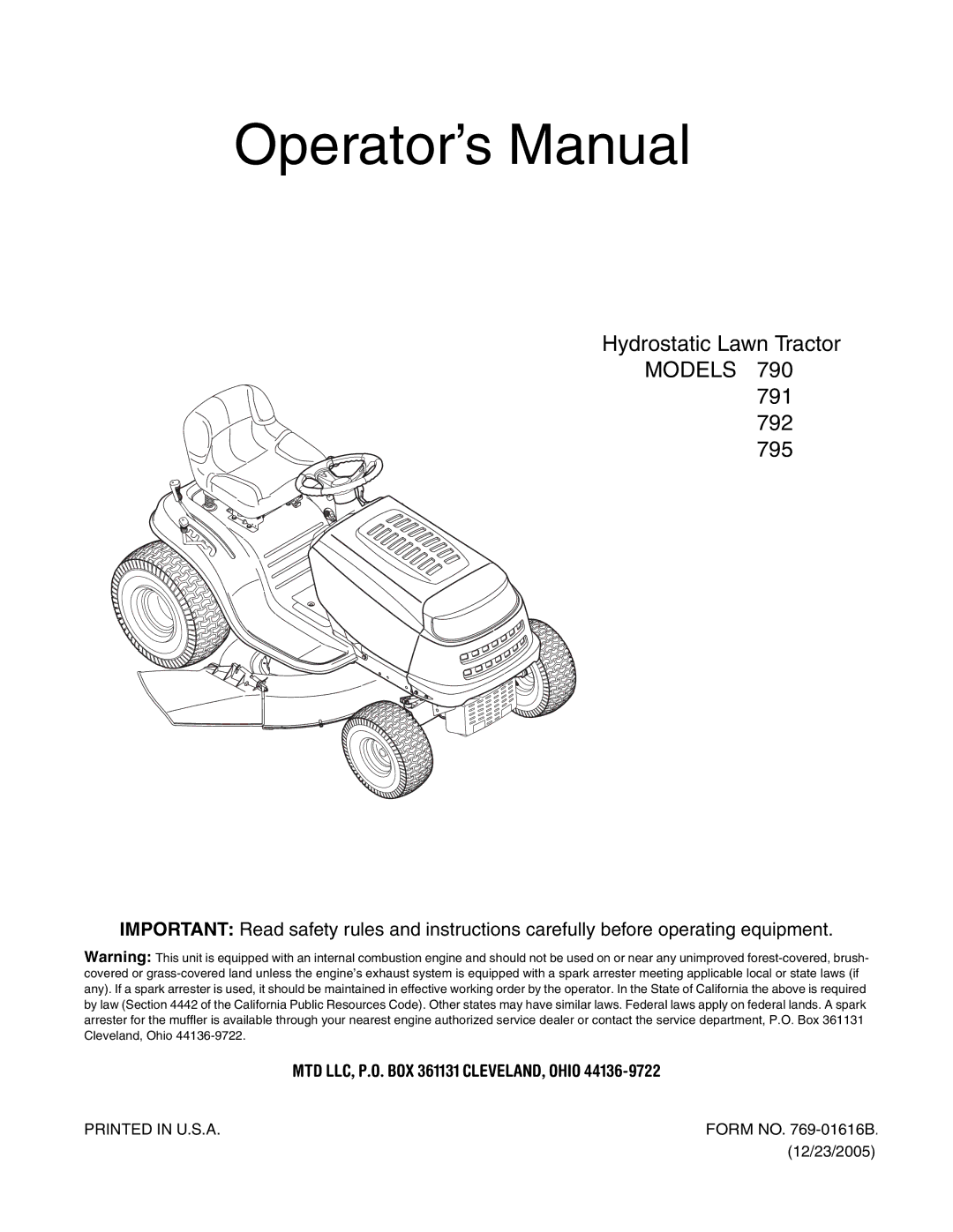 MTD 795, 792, 791, 790 manual Operator’s Manual, MTD LLC, P.O. BOX 361131 CLEVELAND, Ohio 