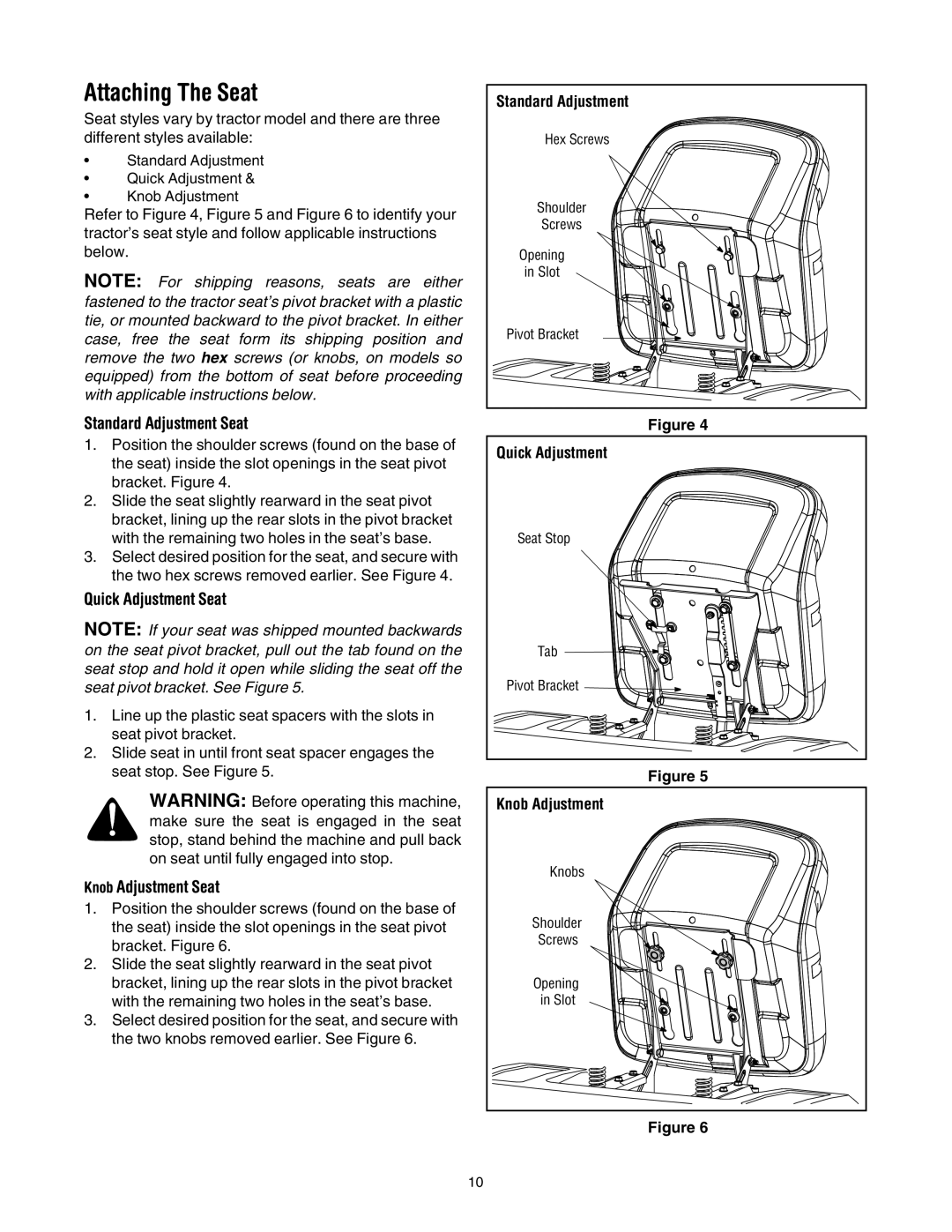 MTD 795, 792, 791, 790 manual Attaching The Seat, Standard Adjustment Seat, Quick Adjustment Seat, Knob Adjustment Seat 