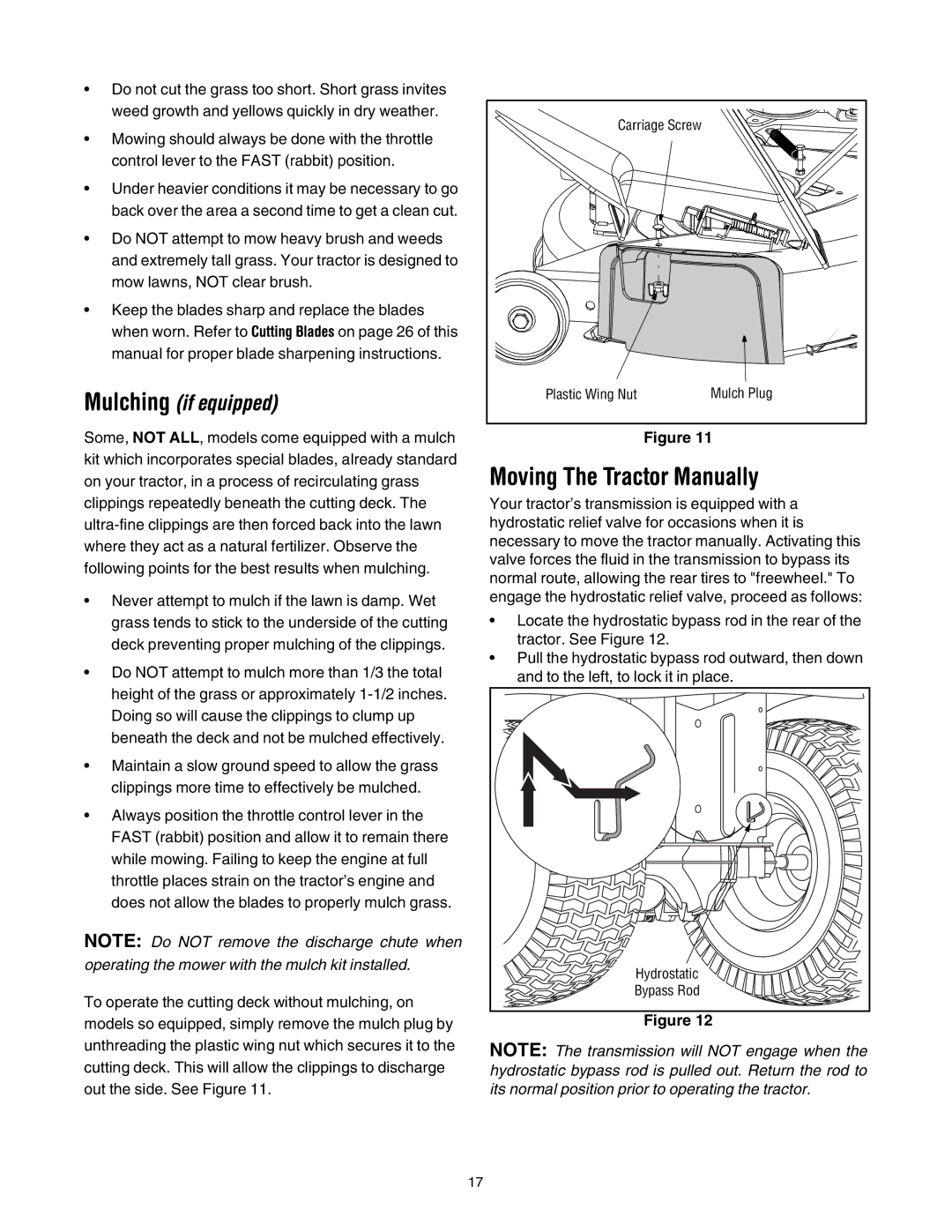 MTD 795, 792, 791, 790 manual Moving The Tractor Manually, Mulching if equipped 
