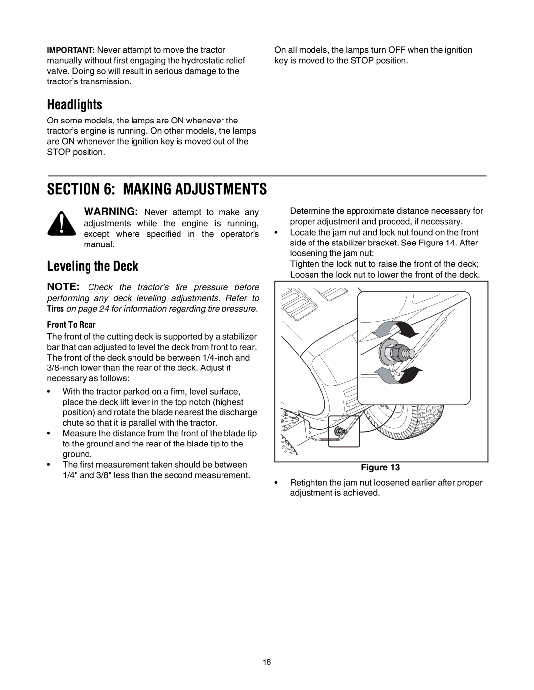 MTD 795, 792, 791, 790 manual Making Adjustments, Headlights, Leveling the Deck, Front To Rear 