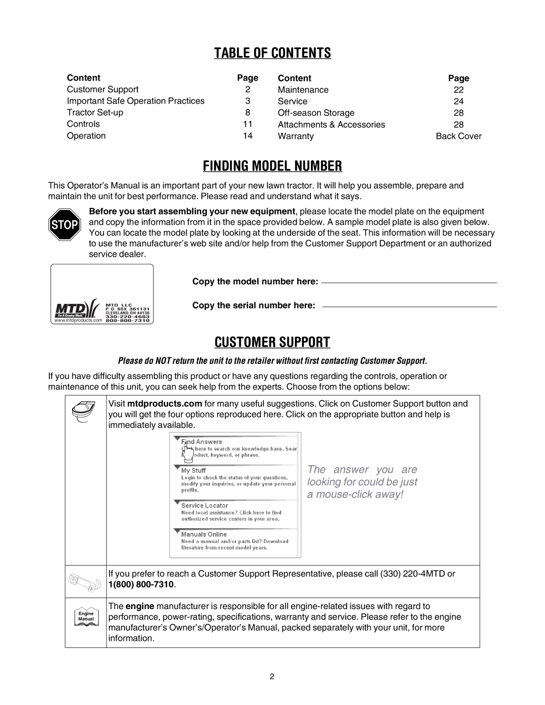 MTD 795, 792, 791, 790 manual Table of Contents 