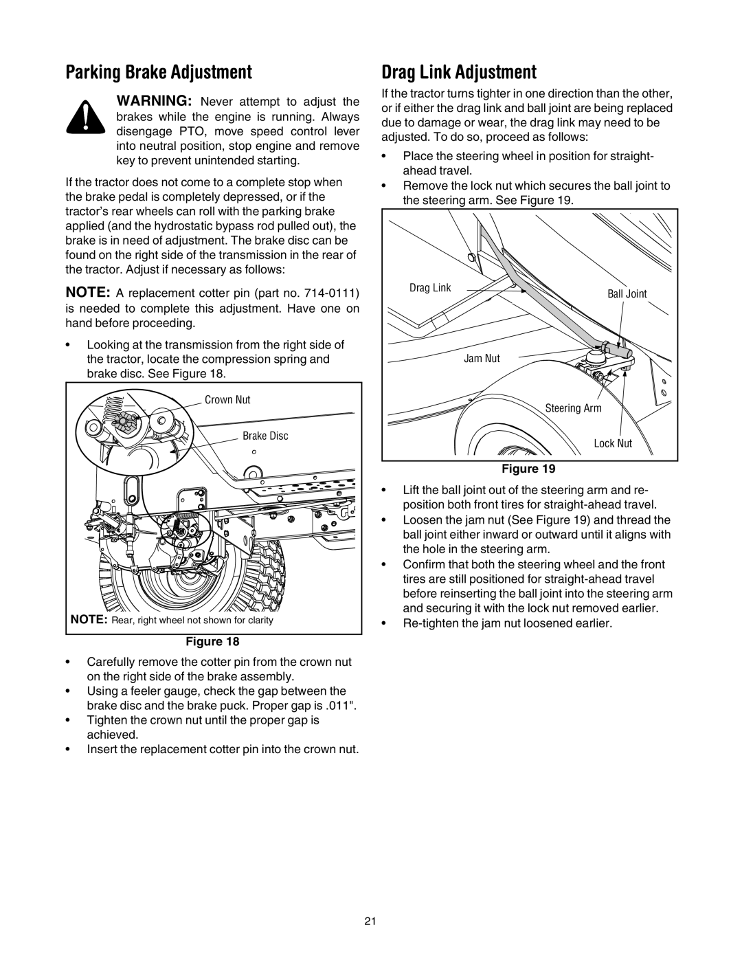 MTD 795, 792, 791, 790 manual Parking Brake Adjustment, Drag Link Adjustment 