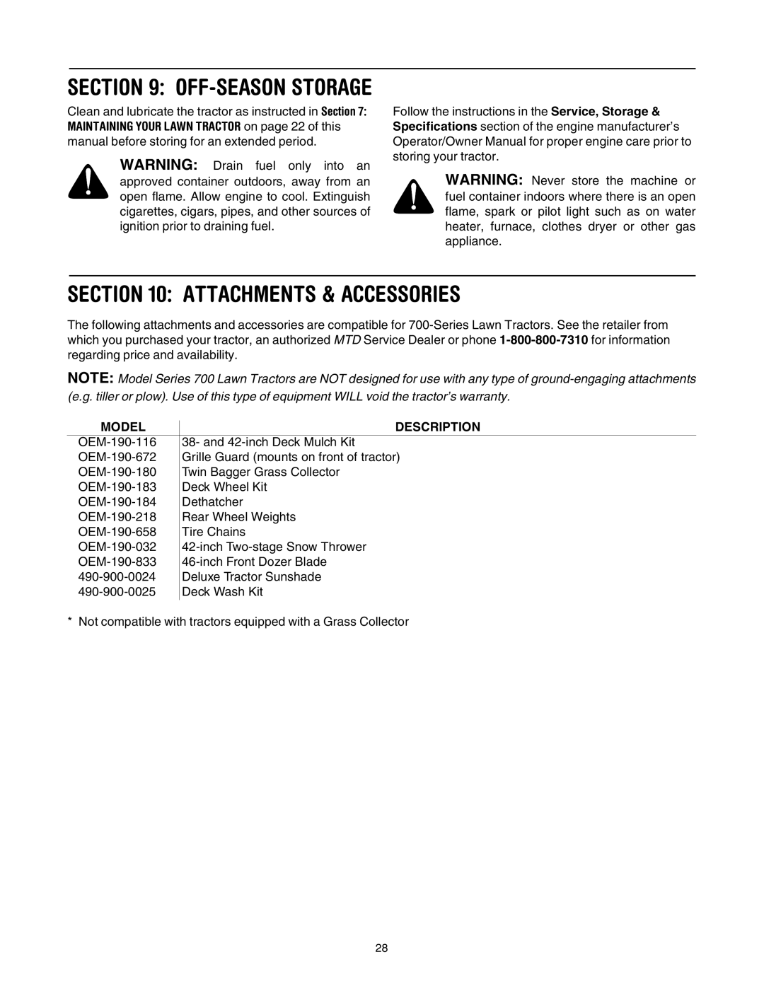 MTD 795, 792, 791, 790 manual Attachments & Accessories, OFF-SEASON Storage 